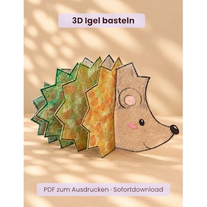 Può includere: Un riccio di carta 3D con il muso color marrone chiaro e aculei a forma di stella sovrapposti in tonalità di verde, giallo e arancione. Il testo 3D Igel basteln e PDF zum Ausdrucken Sofortdownload appare in riquadri viola.