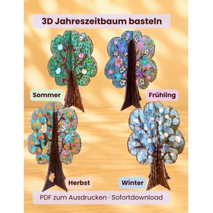 3D Jahreszeitenbaum Bastelvorlage, 4 Jahreszeiten Steckbaum aus Karton, PDF zum Ausdrucken, Basteln mit Kindern, Kindergarten & Schule