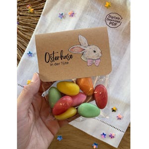 May include: A clear cellophane bag filled with colorful, egg-shaped candies. The bag is topped with a small, brown paper card featuring a drawing of a bunny with a pink bow tie and the text "Osterhase in der Tüte".