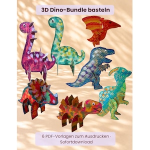 Könnte beinhalten: Eine Sammlung von sechs 3D-Dinosaurier-Bastelfiguren aus Papier in verschiedenen Farben wie Pink, Grün, Blau, Orange und Gelb. Der Text 3D Dino-Bundle basteln und 6 PDF-Vorlagen zum Ausdrucken · Sofortdownload ist sichtbar.