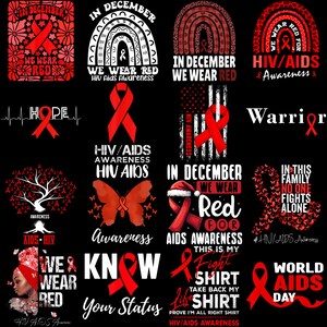 Pode incluir: Uma coleção de designs gráficos vermelhos e brancos em um fundo preto, promovendo a conscientização sobre HIV/AIDS. Os designs incluem fitas vermelhas, texto como "We Wear Red" e a frase "In December". A imagem é um chamado à ação para a conscientização sobre HIV/AIDS.