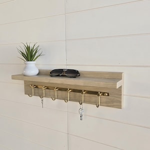 Walnut Entryway Shelf with Brass Hooks, Wall Mounted Key Holder Organizer