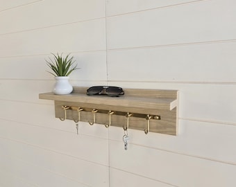 Walnut Entryway Shelf with Brass Hooks, Wall Mounted Key Holder Organizer