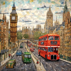 May include: A mosaic-style artwork depicting a London street scene. A red double-decker bus is the focal point, with Big Ben and other iconic buildings in the background. Other vehicles include a green bus and vintage cars. The sky is cloudy.