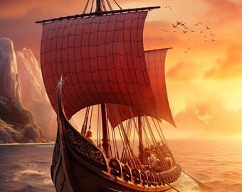 Impressão de navio viking | Arte dos fiordes da Noruega | Arte escandinava | Download digital