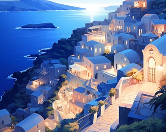 Santorini Greece Art Print: Blue & White Mediterranean Coastal View (Digital Download)