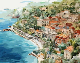 Monaco Yacht Harbor Art Print: Riviera Graphic Illustration (Digital Download)