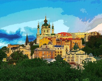 Kyiv Ukraine Cityscape Print | St. Andrew's Church Poster Edge Art (Digital Download)