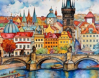 Prague Landmark Art Print | Czech Republic Travel Poster | Charles Bridge Wall Decor | Digital Download