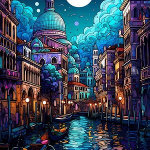 Könnte beinhalten: Digitaldruck einer venezianischen Kanalszene bei Nacht. Das Kunstwerk zeigt Gondeln, Gebäude und einen großen Mond in einer lebendigen Farbpalette aus Blau, Lila und Orange. Das Wasser reflektiert die Lichter der Stadt.