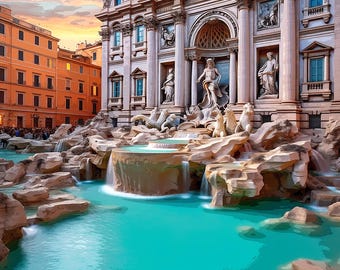May include: A vibrant image of the Trevi Fountain in Rome, Italy, showcasing its baroque architecture. The turquoise water contrasts with the beige stone of the fountain and the orange buildings in the background. Statues and cascading water create a picturesque scene.
