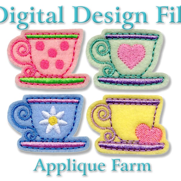 Feltie Embroidery File - Teacups with Saucers (FOUR VARIATIONS INCL) - In the Hoop - Instant Digital Download C266