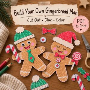 Könnte beinhalten: Ein Build Your Own Gingerbread Man PDF to Print Bastelset mit zwei Lebkuchenmännern aus Papier, einer mit grüner Mütze und Krawatte, der andere mit roter Mütze und Fliege, sowie verschiedenen Zubehörteilen zum Ausschneiden.