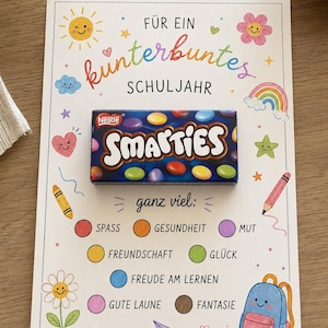 Presentkort för skolstarten med mini-Smarties | Present till skolstarten | Mall för digitaltryck A4 | 4 kort per ark | Idé för skolstarten