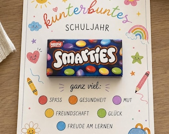 Biglietto regalo per il ritorno a scuola con mini Smarties | Regalo per l'inizio della scuola | Modello digitale stampabile in formato A4 | 4 biglietti per foglio | Idea regalo per il ritorno a scuola