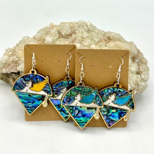 Gold Leif winged cats under the stars abalone/pearl inlay earrings