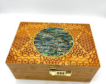 Full inlay flower of life connisouer box wirh combination lock and removable matching tray