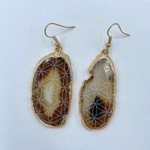 Natural flower of life   agate slab earrings