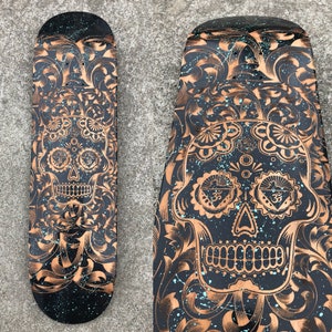 day of the dead hand painted/laser etched skateboard