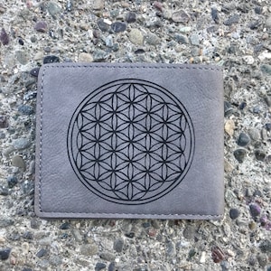 Cartera de dos caras con diseño de mandala y flor de la vida en gris y negro