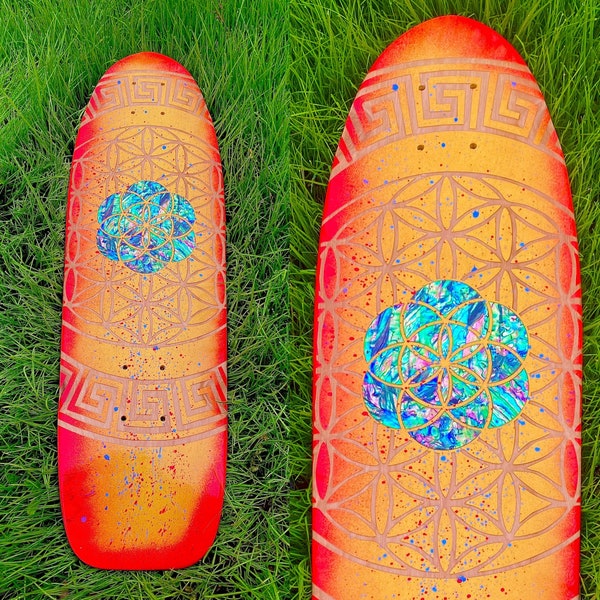 Sacred sunrise abalone inlay skateboard