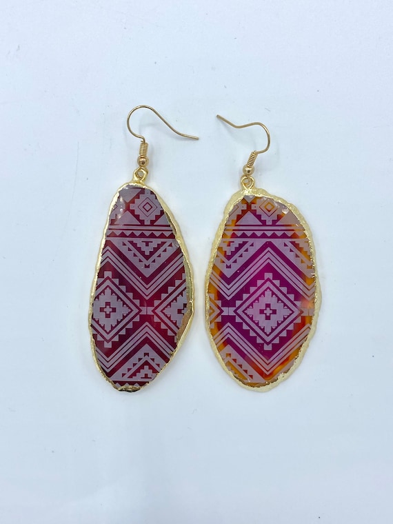 Pink Native Print Agate Slab Earrings Etsy Australia