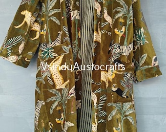 Floral Print Velvet Kimono Robe: Green Jungle Jacket