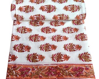 Indian Hand Block Print Cotton Fabric, Floral Printed Sewing Material By The Yard Boho Block Printed