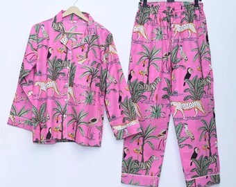 Handmade Cotton Pajama Set: Pink Jungle Print Boho Loungewear with Pouch