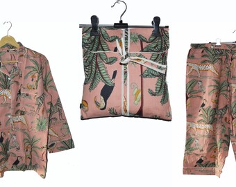 Handmade Cotton Pajama Set: Block Print Boho Loungewear with Pouch Light Pink Jungle