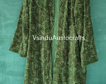 Handmade Velvet Kimono Robe: Green Floral Print Boho Duster Jacket