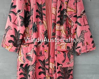 Floral Print Velvet Kimono Robe: Pink Jungle Jacket