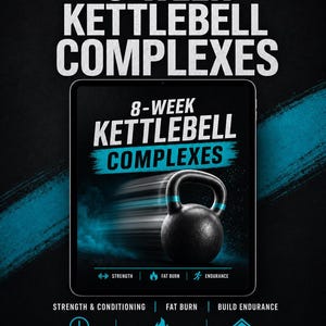 Puede incluir: Anuncio digital de un programa de entrenamiento con pesas rusas de 8 semanas. La imagen presenta una pesa rusa negra con un fondo azul y negro. El texto incluye "8-WEEK KETTLEBELL COMPLEXES", "Strength & Conditioning", "Fat Burn" y "Build Endurance".