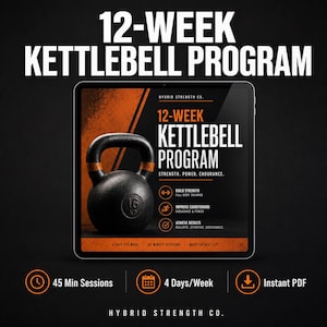 Może przedstawiać: Cyfrowy tablet wyświetla 12-tygodniowy program treningu z kettlebell. Program zawiera czarny kettlebell z pomarańczowymi akcentami i tekst "12-Week Kettlebell Program". Dodatkowy tekst obejmuje "45 Min Sessions", "4 Days/Week" i "Instant PDF".