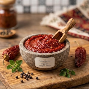 Pode incluir: Uma tigela de pedra cheia de pasta de pimentão vermelho orgânico, com uma colher de madeira e um rótulo escrito Anatolian Harvest Organic Pepper Paste. A tigela é cercada por pimentas vermelhas secas, grãos de pimenta e ervas frescas.