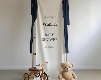 Personalized Baby Shower Welcome Sign for Boy – Custom Linen Fabric Banner with Navy Details for Classic Neutral Baby Shower Decoration