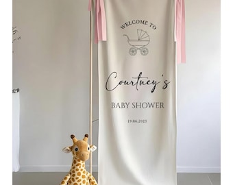 Personalized Baby Shower Welcome Sign with Bunny – Custom Linen Fabric Banner for Neutral Boho Baby Shower Decoration and Keepsake Gift
