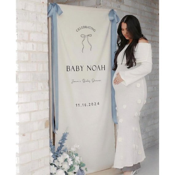 Elegant Baby Shower Welcome Sign for Boy – Personalized Linen Fabric Banner Accents for Classic Neutral Party Decor