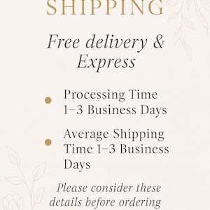 May include: Cream-colored graphic with the word "SHIPPING" in gold lettering. Below, the text reads "Free delivery & Express." Additional text details processing and shipping times, with a floral design in the background.