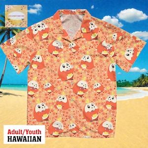 May include: Orange Hawaiian shirt with a repeating cartoon character pattern. The shirt features a button-down front and short sleeves. The background includes a beach scene with palm trees and blue skies. Text on the shirt reads "Adult/Youth HAWAIIAN".