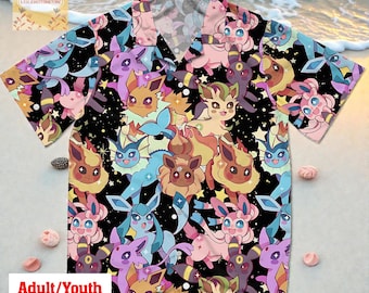 Eevee Evolutions Hawaiian Shirt, Sylveon Umbreon Espeon Flareon Vaporeon Leafeon Glaceon Aloha Shirt, Anime Summer Button Down Beach Wear