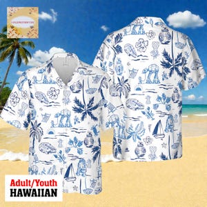 Star Wars Hawaiian Shirt, Blue and White Sketch Aloha Shirt, AT-AT BB-8 R2-D2 Tropical Button Down, Millennium Falcon Summer Beach Shirt