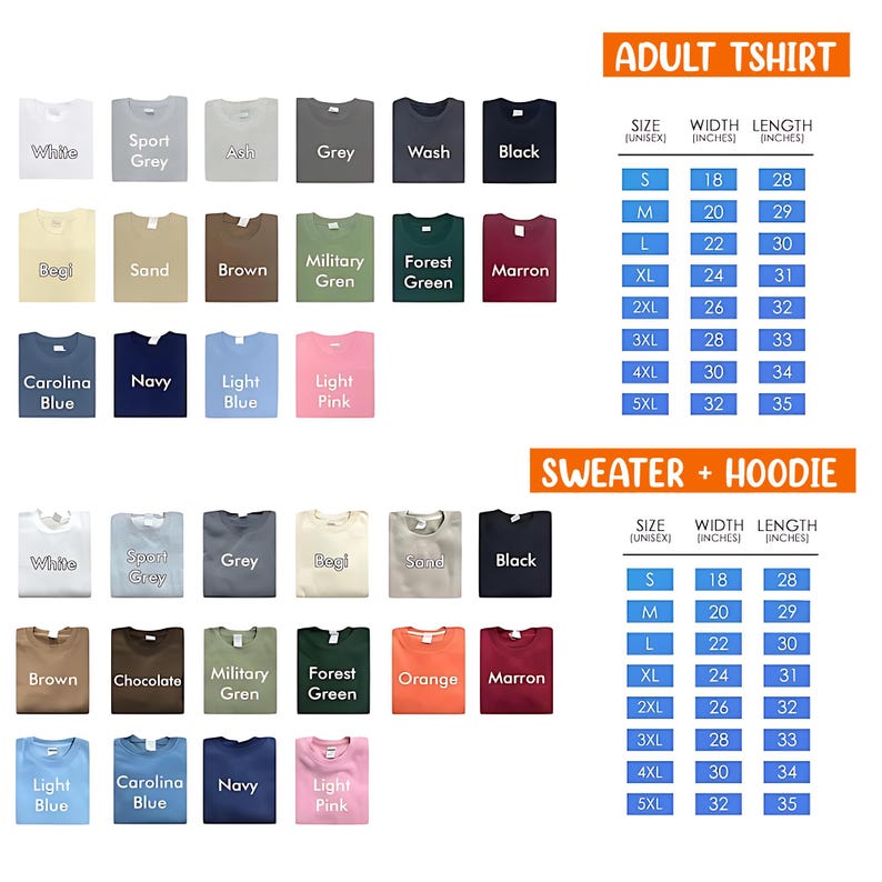 a collection of t-shirts and sweatshirts in various colors and sizes, along with size and width measurements.