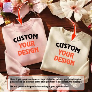 two shirts with the text "CUSTOM YOUR DESIGN" printed on them, along with arrows pointing to the shirts.