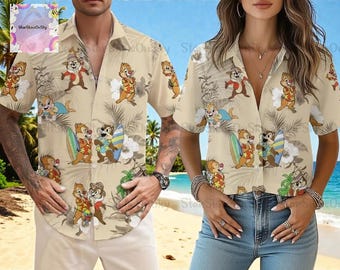 Chemise hawaïenne Chip and Dale, chemise d'été boutonnée tropicale Disney, parfaite pour les aventures amusantes des voyages Disney