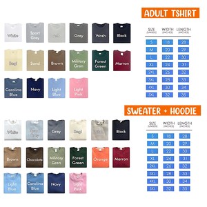 a collection of t-shirts and sweatshirts in various colors and sizes, along with size and width measurements.