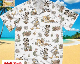 Disney Animal Kingdom Hawaiian Shirt, Mickey Donald Pluto Safari Expedition Aloha Shirt, Disney World Vacation Button Down Adult Youth