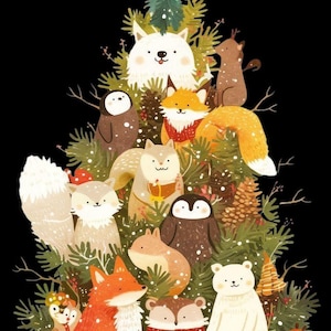 以下が含まれることがあります： クリスマスツリーの形に配置された森の生き物の気まぐれなイラスト。キツネ、クマ、フクロウ、ペンギンが黒い背景に描かれています。動物たちはキュートで漫画的なスタイルで描かれています。
