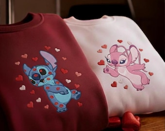 Stitch And Angel Couple Sweatshirt, Disney Valentine Shirt, Cute Embroidered Crewneck, Matching Gift For Couples