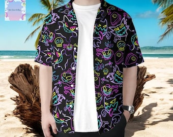 Gengar Hawaiian Shirt Tropical Button Up Summer Short Sleeve Unisex Hawaii Set Neon Gengar Gift
